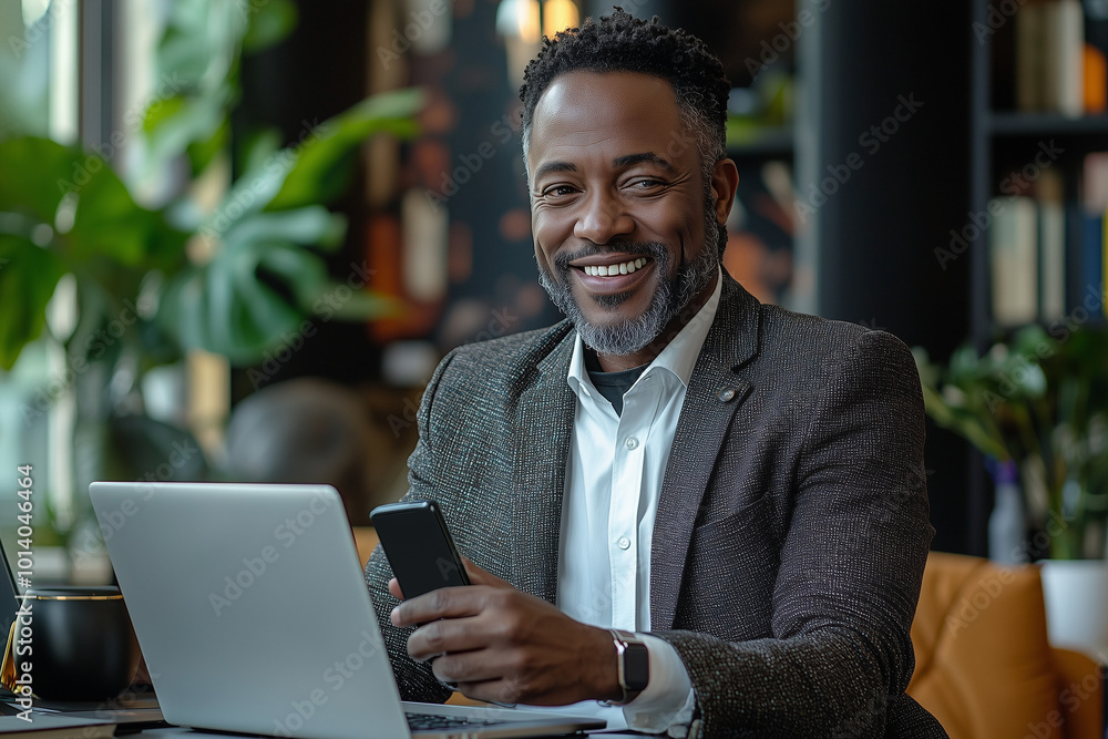 Smiling Businessman Working on Laptop and Phone Smiling Businessman Working on Laptop and Phone