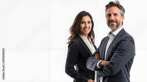 A man and a woman standing next to each other with their arms crossed