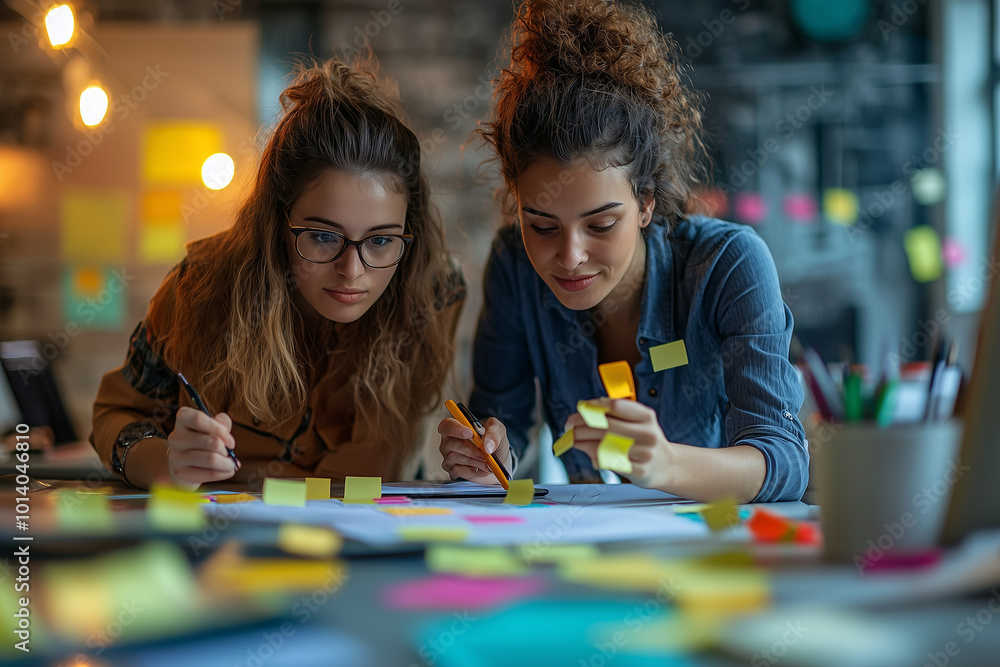 Fototapeta premium Two Women Collaborating on a Project with Sticky Notes