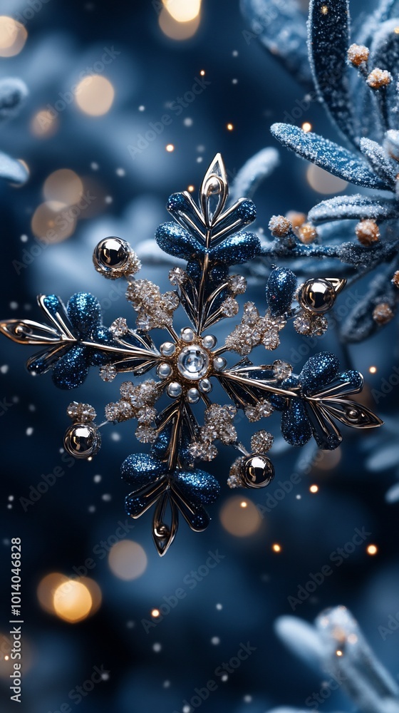 A delicate snowflake ornament with glittering details, hanging against a blue background with blurred lights. A delicate snowflake ornament with glittering details, hanging against a blue background with blurred lights.