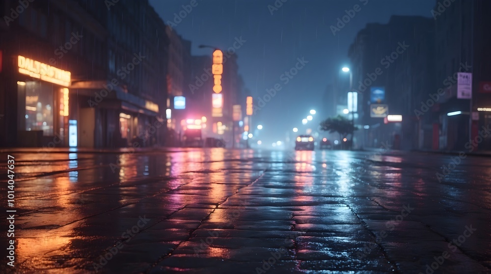 Obraz premium A rainy night street illuminated by neon lights, with colorful reflections in puddles, creating a captivating urban ambiance. Abstract night background, blurred bokeh light. Night view colorful.
