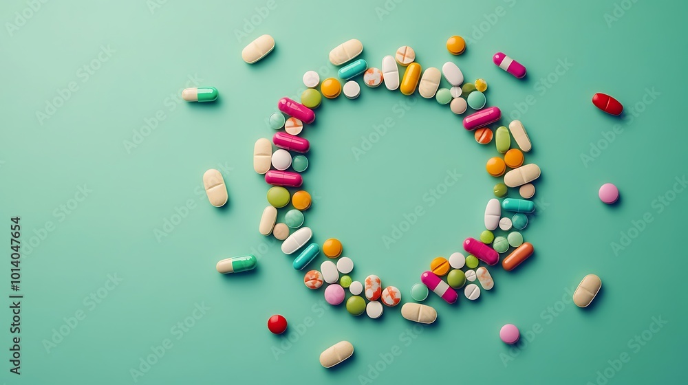 Assorted pharmaceutical pills forming a circular pattern on a flat green background. Assorted pharmaceutical pills forming a circular pattern on a flat green background.