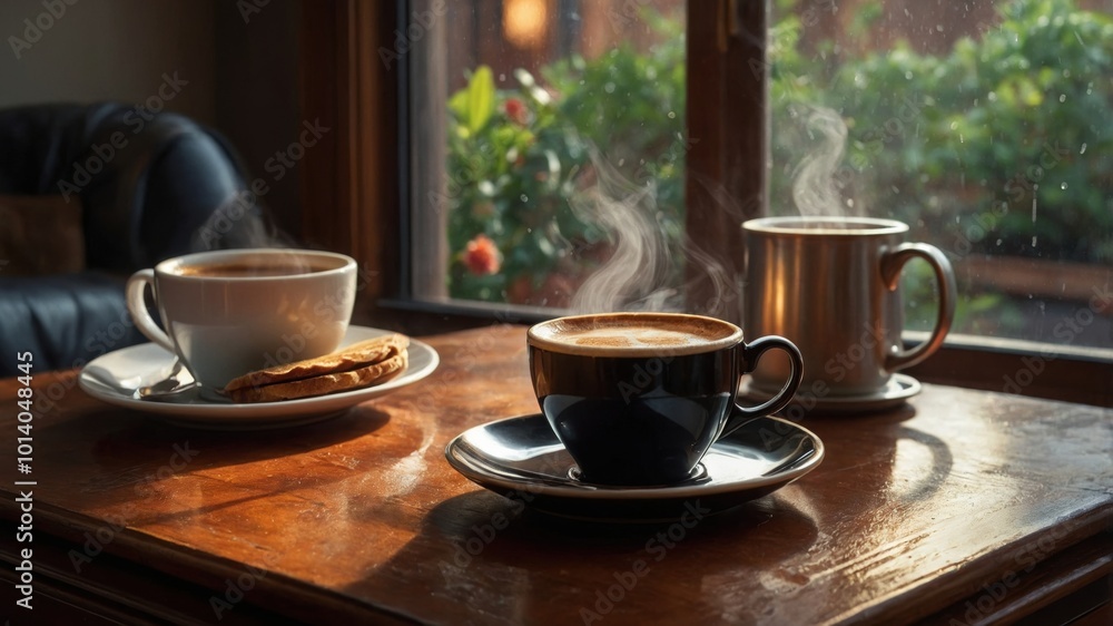 In the warmth of a comfy armchair, a fresh cup of coffee invites relaxation in a homely living space In the warmth of a comfy armchair, a fresh cup of coffee invites relaxation in a homely living space