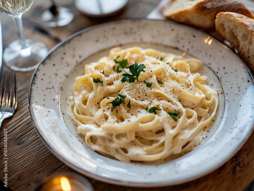A plate of creamy pasta with parmesan cheese and parsley, with a glass of wine and bread in the background. A plate of creamy pasta with parmesan cheese and parsley, with a glass of wine and bread in the background.