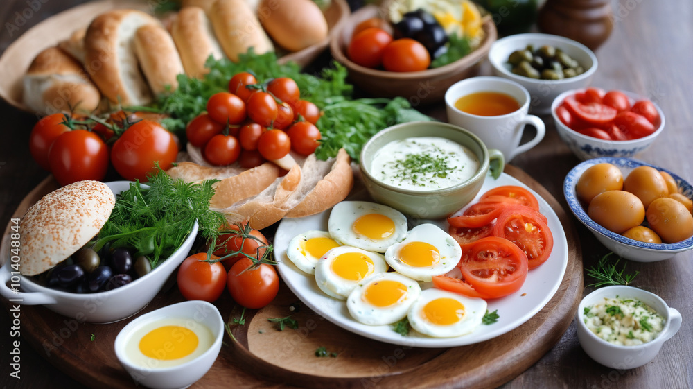 Turkish breakfast tableau, a picturesque spread of eggs, fresh vegetables, and simit, Generative AI Turkish breakfast tableau, a picturesque spread of eggs, fresh vegetables, and simit, Generative AI