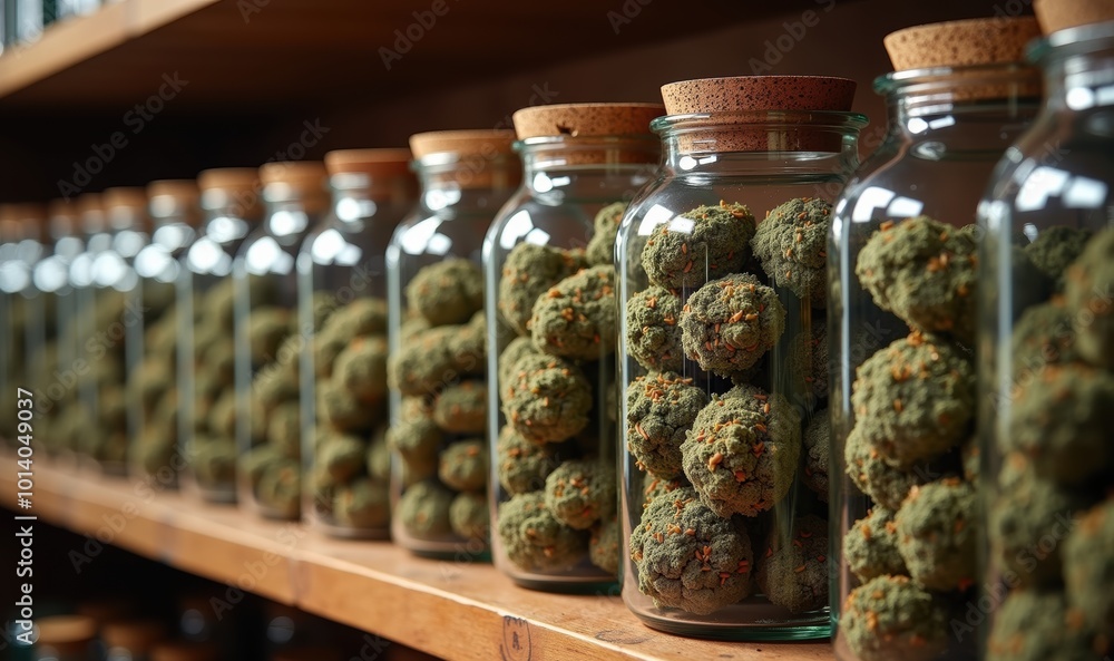 A neatly organized row of glass jars filled with cannabis buds, showcasing premium quality for the medicinal and recreational cannabis industry. A neatly organized row of glass jars filled with cannabis buds, showcasing premium quality for the medicinal and recreational cannabis industry.