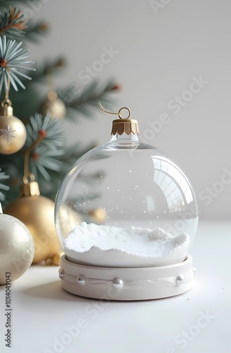 A little winter in the glass walls of a snow globe. Christmas tree and artificial snow 