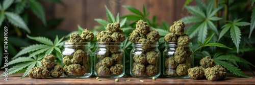 Lush cannabis buds displayed in glass jars, set against a natural backdrop of green leaves, ideal for cannabis industry and wellness marketing. photo