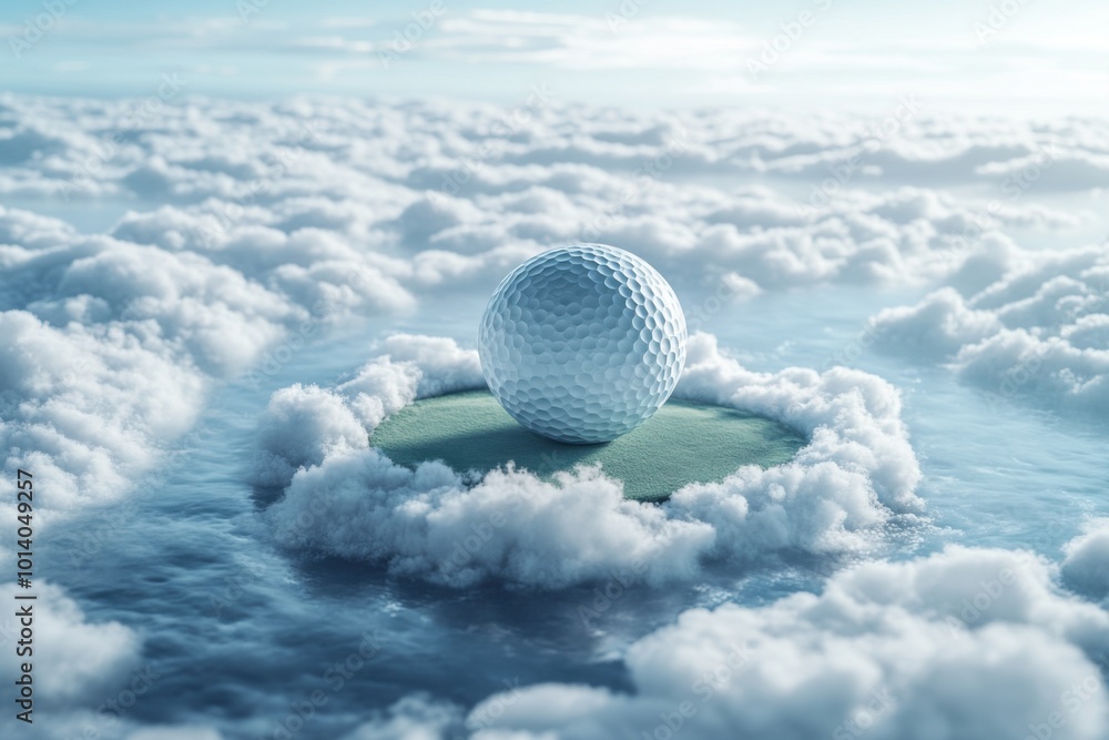 Golf ball on a small patch of land in the clouds Golf ball on a small patch of land in the clouds