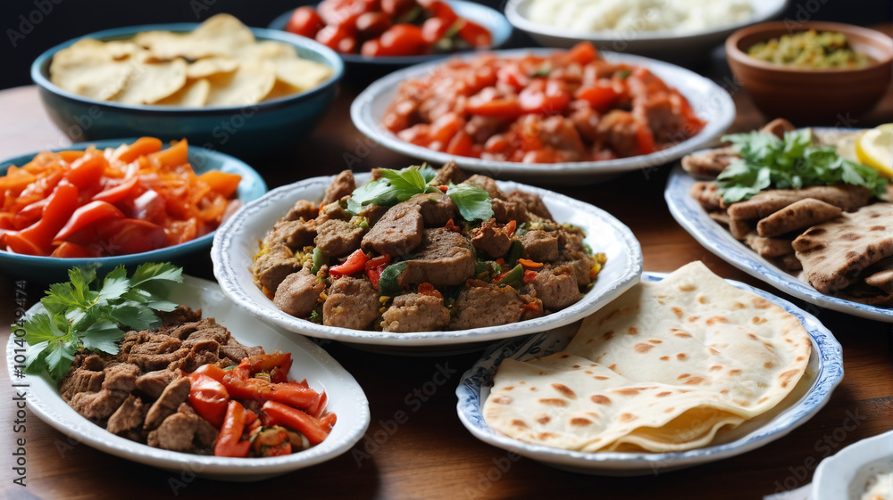 Rich Turkish midday meal with flavorful meze, spiced meats, and fresh flatbreads, Generative AI Rich Turkish midday meal with flavorful meze, spiced meats, and fresh flatbreads, Generative AI