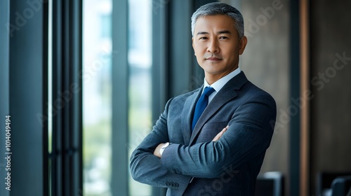 Senior mature Asian businessman in formal wear, confidently posing in an office setting