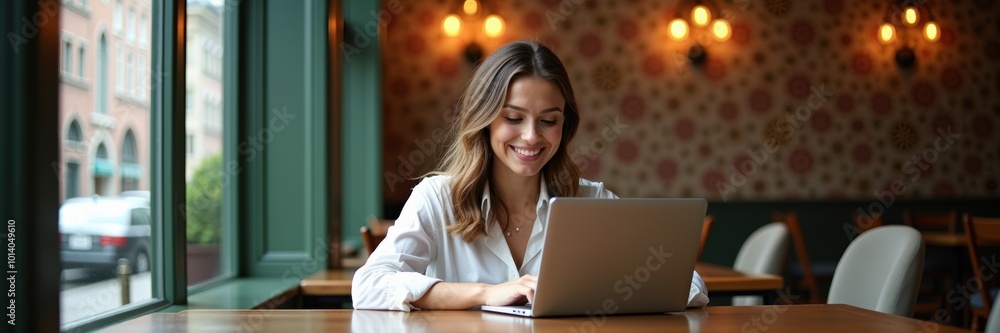 A smiling woman works on her laptop in a cozy cafe, showcasing the blend of productivity and comfort in a modern workspace. A smiling woman works on her laptop in a cozy cafe, showcasing the blend of productivity and comfort in a modern workspace.
