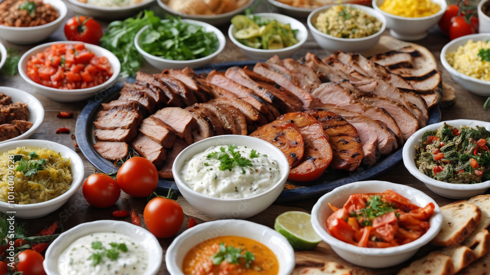 Turkish lunch feast, an array of grilled meats, rice pilaf, and tangy yogurt dips, Generative AI Turkish lunch feast, an array of grilled meats, rice pilaf, and tangy yogurt dips, Generative AI