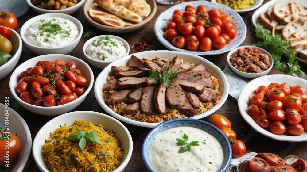 Turkish lunch feast, an array of grilled meats, rice pilaf, and tangy yogurt dips, Generative AI Turkish lunch feast, an array of grilled meats, rice pilaf, and tangy yogurt dips, Generative AI