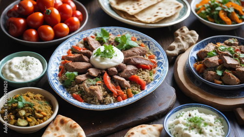 Rich Turkish midday meal with flavorful meze, spiced meats, and fresh flatbreads, Generative AI