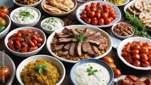 Turkish lunch feast, an array of grilled meats, rice pilaf, and tangy yogurt dips, Generative AI