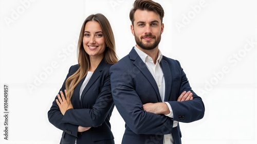 A man and woman standing next to each other with their arms crossed