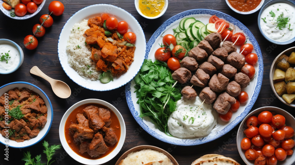 Inviting Turkish midday meal with juicy kebabs, crisp salads, and creamy yogurt, Generative AI Inviting Turkish midday meal with juicy kebabs, crisp salads, and creamy yogurt, Generative AI
