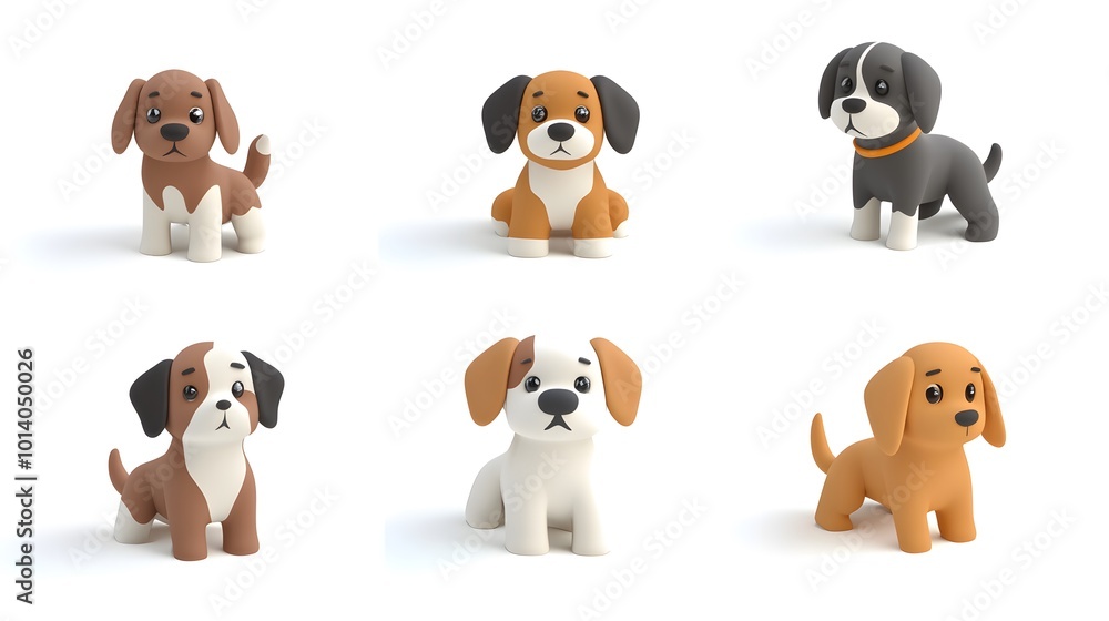 Set of cute little puppy dogs in a creative minimal 3D style, showcasing their adorable features against a clean white background Set of cute little puppy dogs in a creative minimal 3D style, showcasing their adorable features against a clean white background