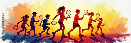 A vibrant illustration of children playing tennis, showcasing energy and movement against a colorful sunset backdrop. Perfect for sports, education, and youth programs.