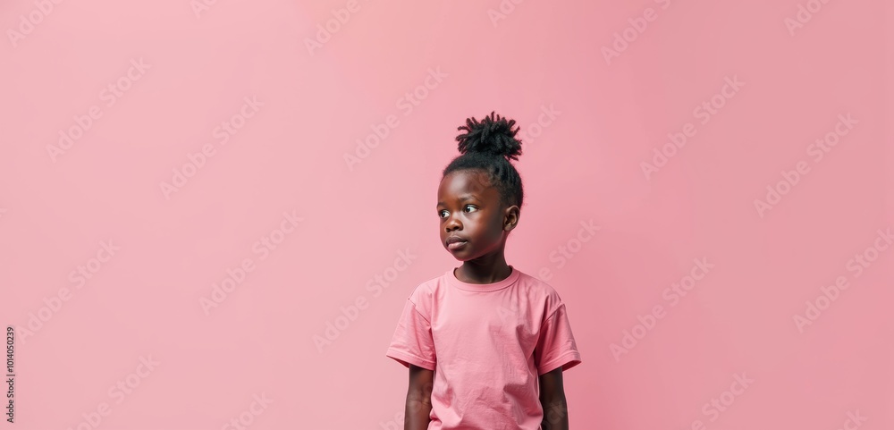 A thoughtful young girl stands against a soft pink background, embodying curiosity and innocence. Perfect for family, education, and creativity themes. A thoughtful young girl stands against a soft pink background, embodying curiosity and innocence. Perfect for family, education, and creativity themes.