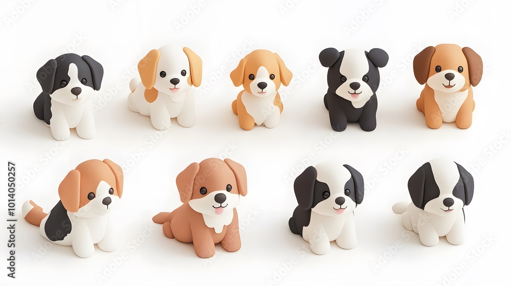 Set of cute little puppy dogs in a creative minimal 3D style, showcasing their adorable features against a clean white background Set of cute little puppy dogs in a creative minimal 3D style, showcasing their adorable features against a clean white background