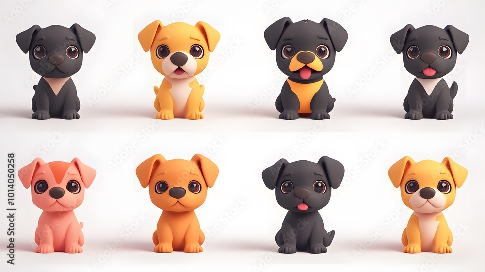Set of cute little puppy dogs in a creative minimal 3D style, showcasing their adorable features against a clean white background Set of cute little puppy dogs in a creative minimal 3D style, showcasing their adorable features against a clean white background
