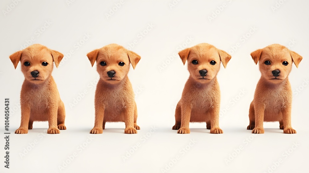 Set of cute little puppy dogs in a creative minimal 3D style, showcasing their adorable features against a clean white background Set of cute little puppy dogs in a creative minimal 3D style, showcasing their adorable features against a clean white background
