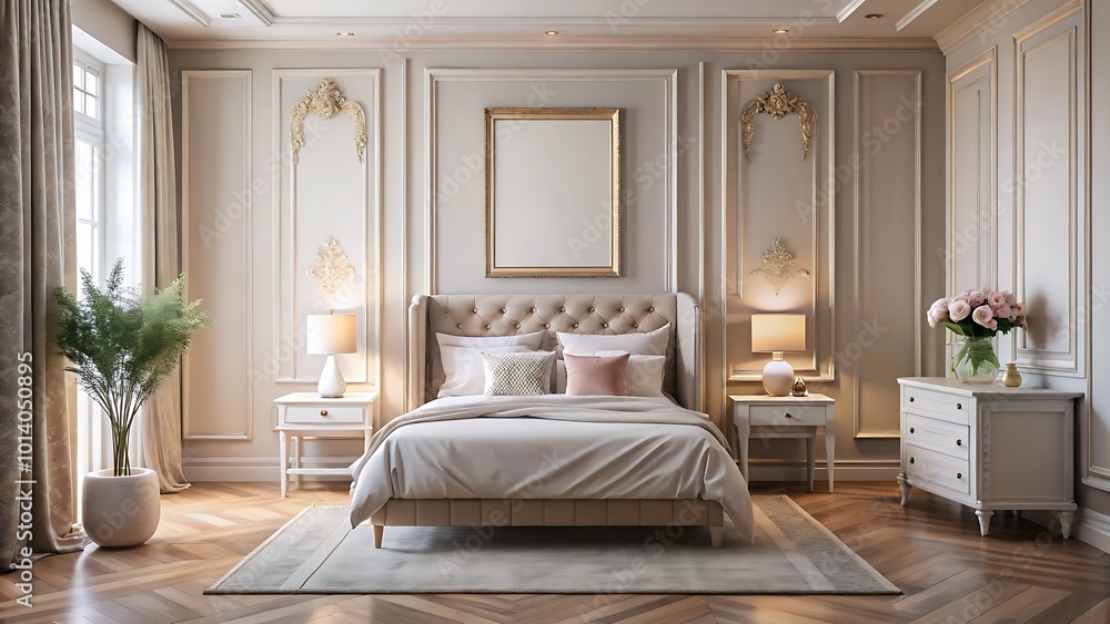 Beautiful Luxury Bedroom Interior with Elegant Wall Mockup and White Frame in 3D Visualization Beautiful Luxury Bedroom Interior with Elegant Wall Mockup and White Frame in 3D Visualization