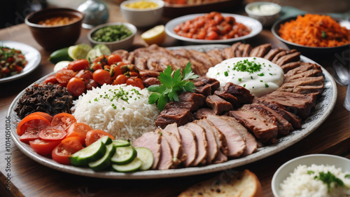 Magnificent Turkish dinner feast with succulent meats, flavorful rice, and sumptuous meze, Generative AI