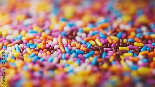 A close-up of colorful candy sprinkles arranged in an intricate pattern on a dessert.