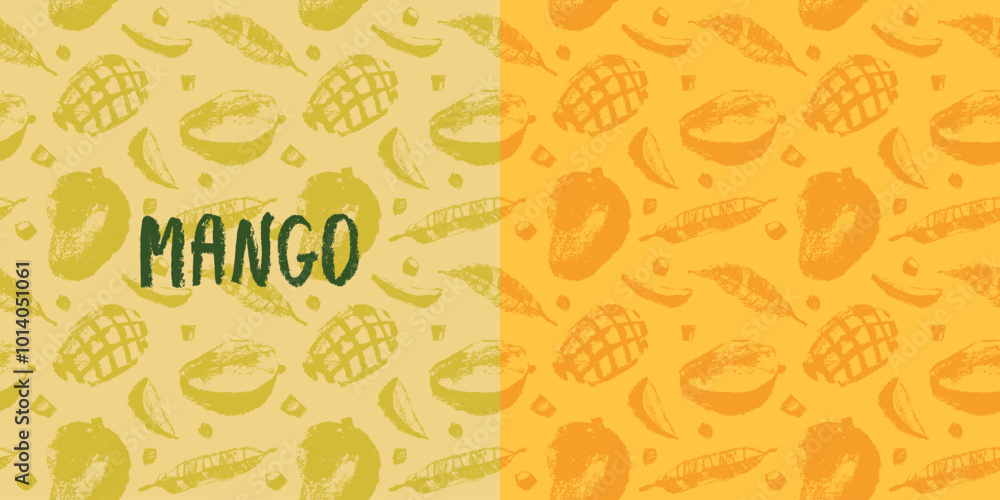 Vector mango pattern seamless with tropical fruits drawings. Color sketches of organic mangoes Tropical fruit symbol. Exotic fruit ornament. Asian Mangos background. Label template. Vector mango pattern seamless with tropical fruits drawings. Color sketches of organic mangoes Tropical fruit symbol. Exotic fruit ornament. Asian Mangos background. Label template.
