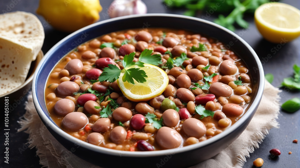Experience the authentic taste of Egypt with ful medames, a hearty fava bean stew, Generative AI Experience the authentic taste of Egypt with ful medames, a hearty fava bean stew, Generative AI