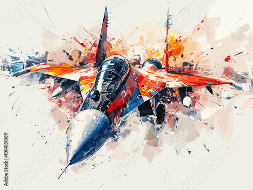 A colorful jet is flying through the sky. The colors are bright and vibrant, giving the image a sense of energy and excitement. The jet is the main focus of the painting, with its wings