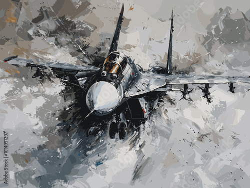 A colorful jet is flying through the sky. The colors are bright and vibrant, giving the image a sense of energy and excitement. The jet is the main focus of the painting, with its wings
