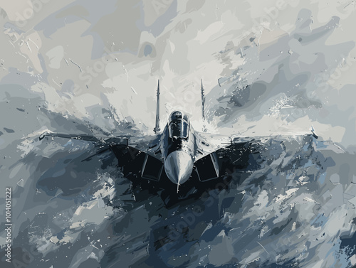 A colorful jet is flying through the sky. The colors are bright and vibrant, giving the image a sense of energy and excitement. The jet is the main focus of the painting, with its wings
