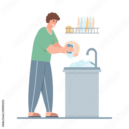Man washing dishes in kitchen. Male character doing housework. Young man home routine. Vector illustration on white background.