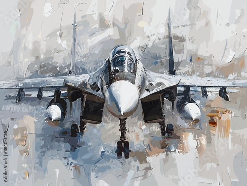 Military fighter jet on the background of an oil painting. Illustration