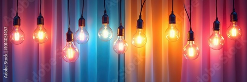 Vibrant hanging light bulbs against a colorful backdrop, perfect for adding a touch of warmth and creativity to event promotions, marketing materials, or home decor.