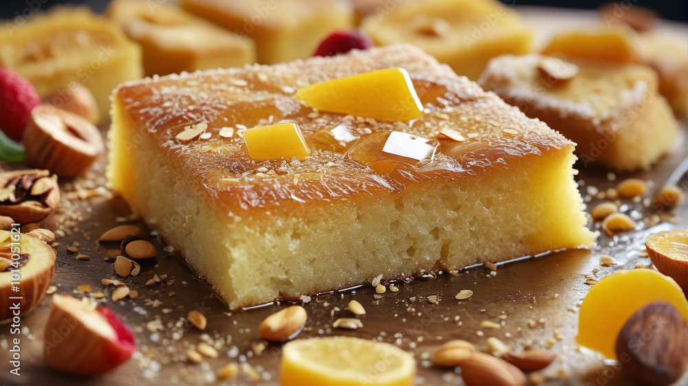 Satisfy your sweet tooth with basbousa, a delicious semolina cake soaked in syrup, Generative AI