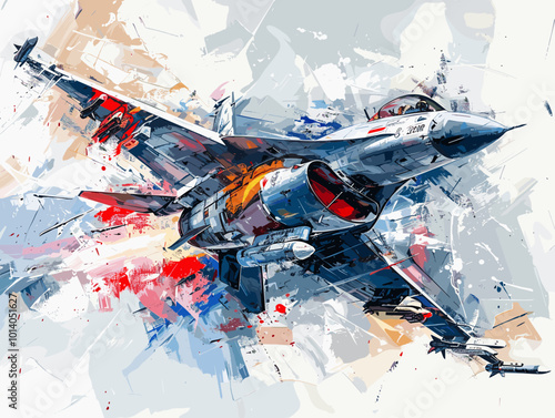 Military fighter jet on the background of an oil painting. Illustration