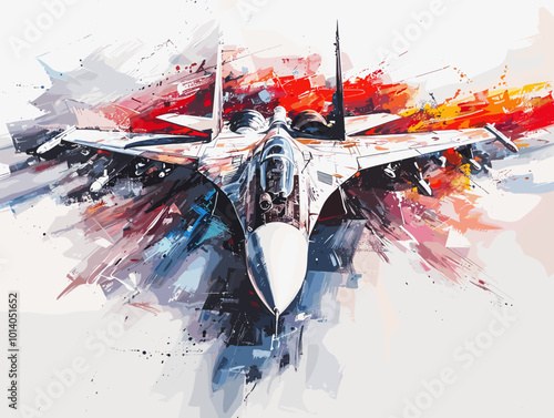 Military fighter jet on the background of an oil painting. Illustration