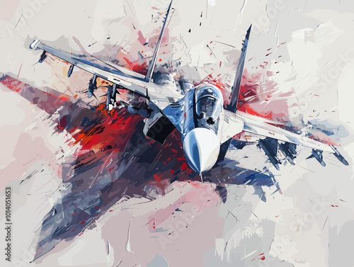 Military fighter jet on the background of an oil painting. Illustration
