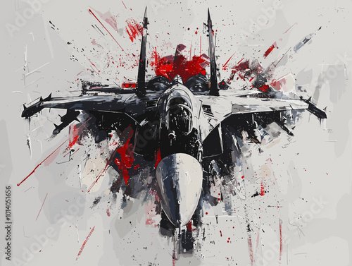 Military fighter jet on the background of an oil painting. Illustration