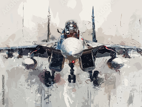 Military fighter jet on the background of an oil painting. Illustration