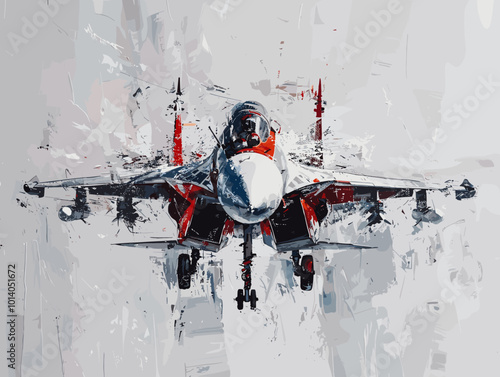 Military fighter jet on the background of an oil painting. Illustration