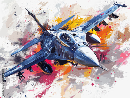 Military fighter jet on the background of an oil painting. Illustration