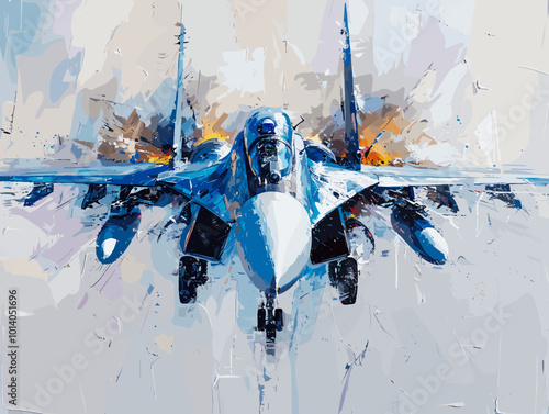 Military fighter jet on the background of an oil painting. Illustration