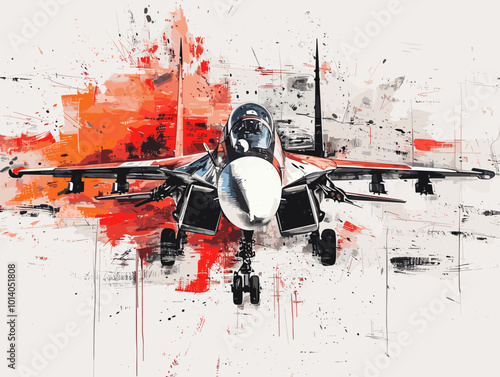 Military fighter jet on the background of an oil painting. Illustration