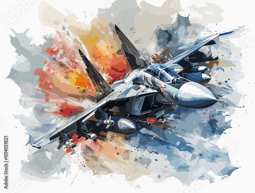 Military fighter jet on the background of an oil painting. Illustration